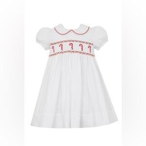 ANAVINI VELANI GIRLS WHITE DRESS WITH COLLAR - SMOCKED CANDY CANES